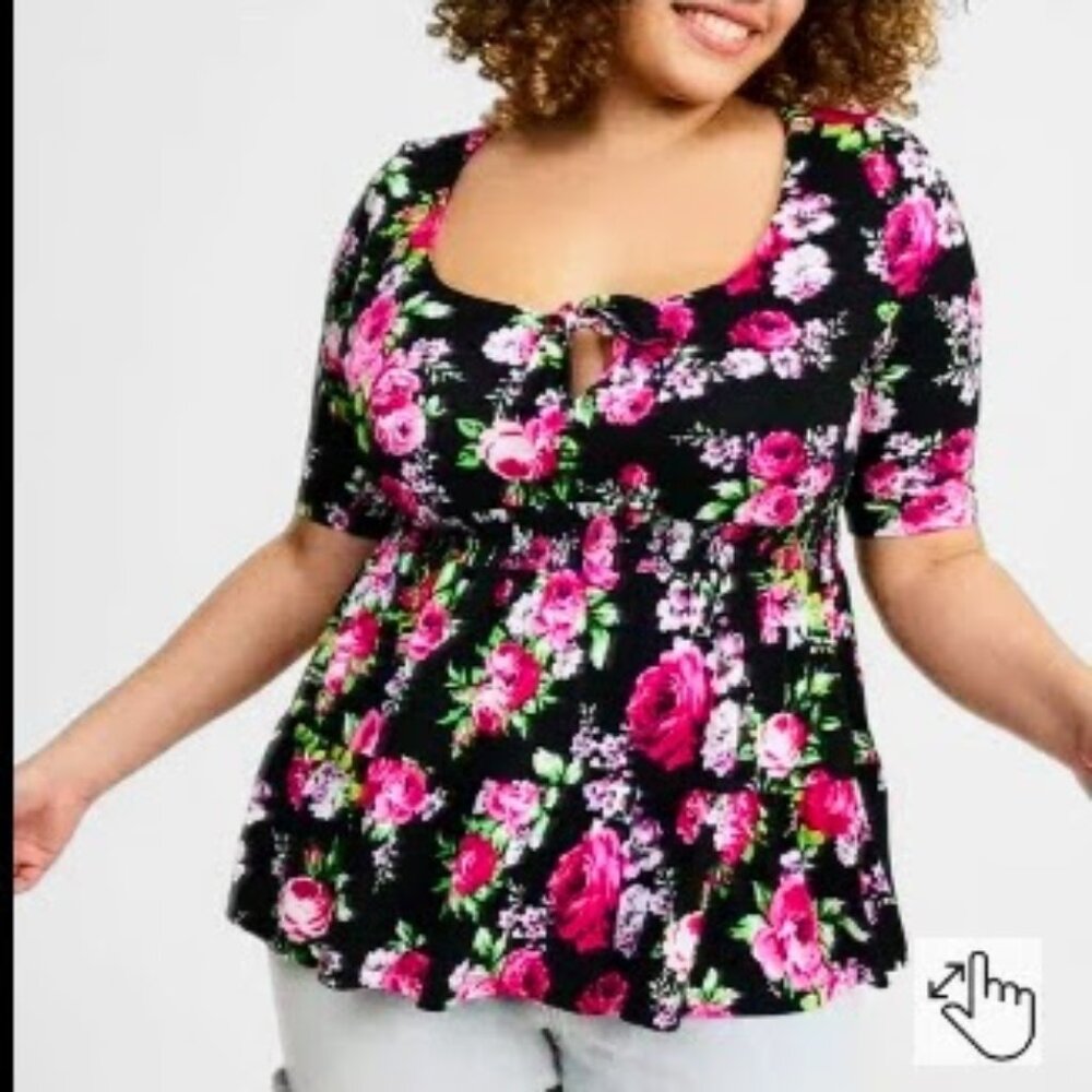 NWT Torrid Tie Front Babydoll Top Size 3X Dark Floral Stretch Super Soft Jersey